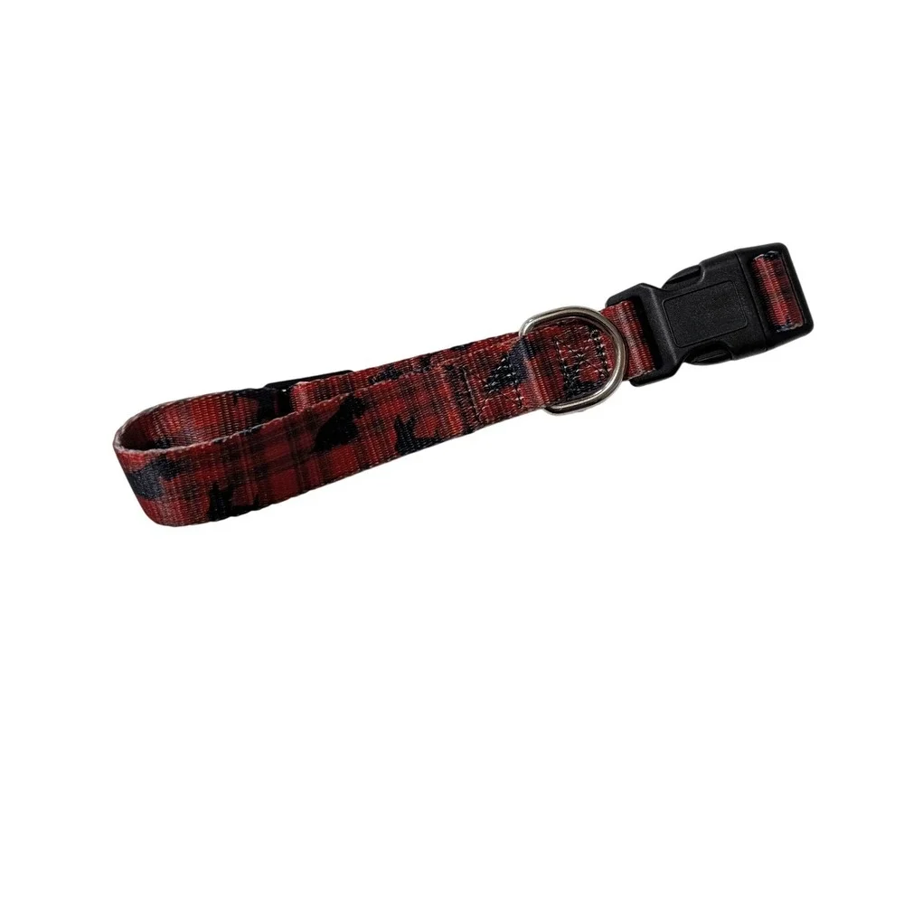 Red Black Plaid Dog Collar with Silhouette Wildlife Pattern‎ Adjustable Buckle M